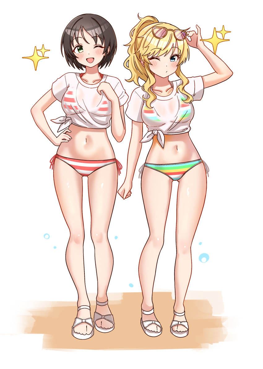 2girls absurdres bikini blonde_hair blue_eyes blush breasts brown_hair collarbone commission eyewear_on_head full_body green_eyes hand_on_own_hip harada_miyo highres idolmaster idolmaster_cinderella_girls long_hair looking_at_viewer medium_breasts multiple_girls navel niban_(puka_0507) ohtsuki_yui one_eye_closed open_mouth pixiv_commission ponytail rainbow_bikini red_bikini see-through_clothes see-through_shirt shirt shoes short_hair side-tie_bikini_bottom striped_bikini striped_clothes sunglasses swimsuit thighs tied_shirt wavy_hair wavy_sidelocks white_bikini white_shirt white_shoes