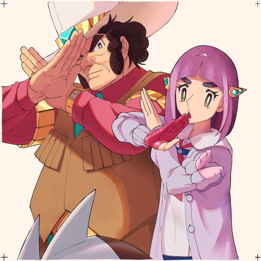 1boy 1girl arched_bangs blueberry_academy_school_uniform bow bowtie bright_pupils brown_eyes brown_hair cardigan clay_(pokemon) coat collared_shirt cowboy cowboy_hat cowboy_western crossed_wrists excadrill father_and_daughter fringe_trim gen_5_pokemon gloves hair_ornament hairclip hat highres how_long lacey_(pokemon) long_sleeves looking_at_viewer nintendo open_cardigan open_clothes open_coat pink_coat pink_hair pokemon pokemon_(creature) pokemon_bw pokemon_sv red_gloves school_uniform shirt short_hair single_glove thick_eyebrows traditional_bowtie watch western white_headwear white_pupils white_shirt wristwatch x_arms yellow_eyes
