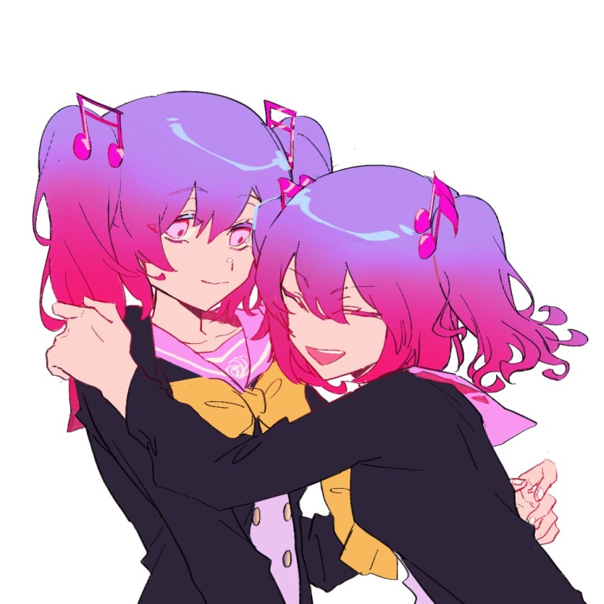 2girls black_jacket buttons closed_eyes closed_mouth collarbone danganronpa_another fortissimo gradient_hair hair_between_eyes hair_ornament hand_on_another&#039;s_shoulder jacket medium_hair multicolored_hair multiple_girls musical_note musical_note_hair_ornament open_clothes open_jacket open_mouth otonokoji_hibiki otonokoji_kanade pink_eyes pink_shirt purple_hair red_hair sailor_collar sailor_shirt shirt siblings simple_background sisters smile super_danganronpa_another_2 twins twintails two-tone_hair variant_set white_background yough42