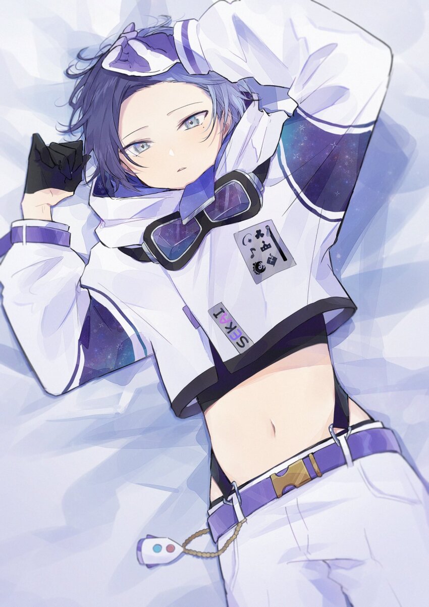 1boy aoyagi_touya arms_up belt black_gloves blue_eyes blue_hair blush closed_mouth commentary_request cowboy_shot dark_blue_hair gloves goggles goggles_around_neck highres jishio long_sleeves looking_at_viewer lying male_focus midriff mole mole_under_eye multicolored_hair navel on_back pants project_sekai rocket short_hair solo split-color_hair two-tone_hair white_pants