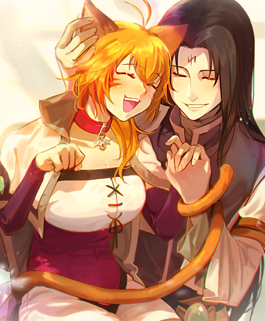 1boy 1girl animal_ears black_hair cat cat_ears cat_girl cat_tail choker chromatic_aberration closed_eyes collar commentary commission commissioner_upload english_commentary facial_mark fire_emblem fire_emblem:_path_of_radiance fire_emblem:_radiant_dawn forehead_mark hair_down happy highres holding_hands kohamustoto laguz_(fire_emblem) lyre_(fire_emblem) nintendo open_mouth orange_hair orange_tail paw_pose petting pink_choker robe second-party_source smile soren_(fire_emblem) soren_(radiant_confidant)_(fire_emblem) tail tail_wrap
