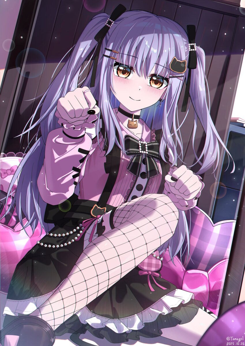 1girl absurdres alternate_hairstyle bang_dream! black_bow black_shoes black_skirt blush bow choker fishnet_pantyhose fishnets grey_hair hair_ornament hairclip highres indoors jewelry long_hair minato_yukina nail_polish pantyhose pink_shirt ring shirt shoes skirt smile solo tamag0zzz twintails yellow_eyes