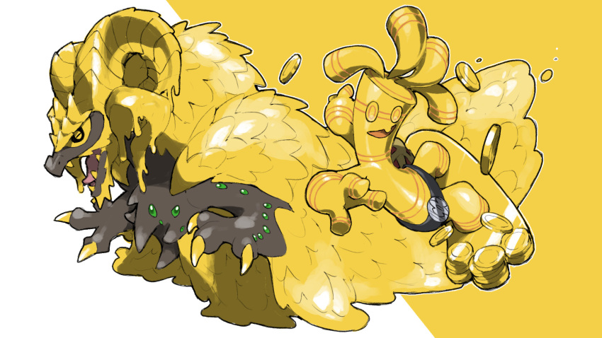 belt black_belt blacknirrow claws closed_eyes coin creatures_(company) crossover dripping game_freak gholdengo gold_coin gold_skin highres kulve_taroth monster monster_hunter_(series) nintendo no_humans open_mouth outline pokemon pokemon_(creature) sharp_teeth simple_background smile surfboard teeth two-tone_background white_background white_outline yellow_background