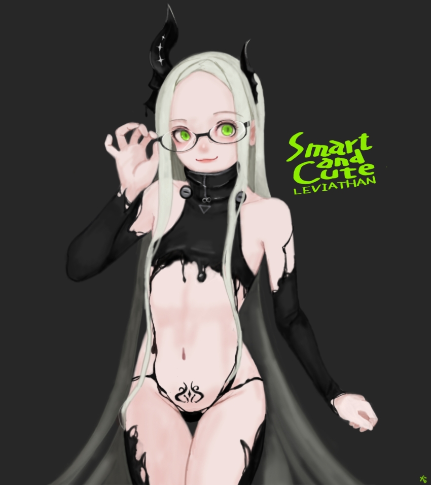 1girl adjusting_clothes bare_shoulders bespectacled bikini black_background black_bikini black_horns black_liquid black_sleeves closed_mouth collarbone commentary_request count0x00 cowboy_shot detached_sleeves english_text flat_chest forehead glasses goddess_of_victory:_nikke green_eyes grey_hair groin hand_up highres horns leviathan_(nikke) liquid_clothes long_hair looking_at_viewer navel parted_bangs pubic_tattoo sidelocks signature simple_background smile solo standing stomach swimsuit tattoo turtleneck very_long_hair