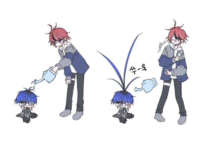 2boys ahoge black_hair black_pants blue_eyes blue_hair blue_jacket blush chibi ear_piercing earrings full_body grey_jacket grey_shoes highres hood hoodie jacket japanese_clothes jewelry long_hair long_sleeves male_focus messy_hair multicolored_hair multicolored_jacket multiple_boys omokage_yugamu open_mouth pants piercing red_hair shoes simple_background sitting standing sumino_takumi the_hundred_line_-last_defense_academy- water_drop watering_can white_background white_hoodie