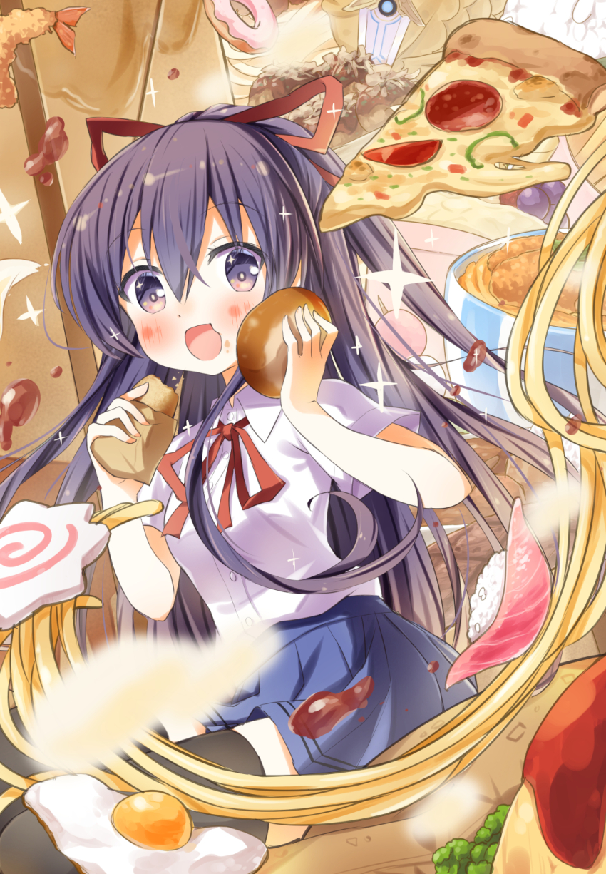 1girl blue_skirt bow bread_bun collared_shirt date_a_live donut dutch_angle eating fish_(food) food fried_egg hair_bow happy highres holding holding_food ichiyo12 long_hair looking_at_another noodles pizza pizza_slice ponytail purple_eyes purple_hair raizen_high_school_uniform ramen sashimi school_uniform shirt skirt solo sword weapon white_shirt yatogami_tohka