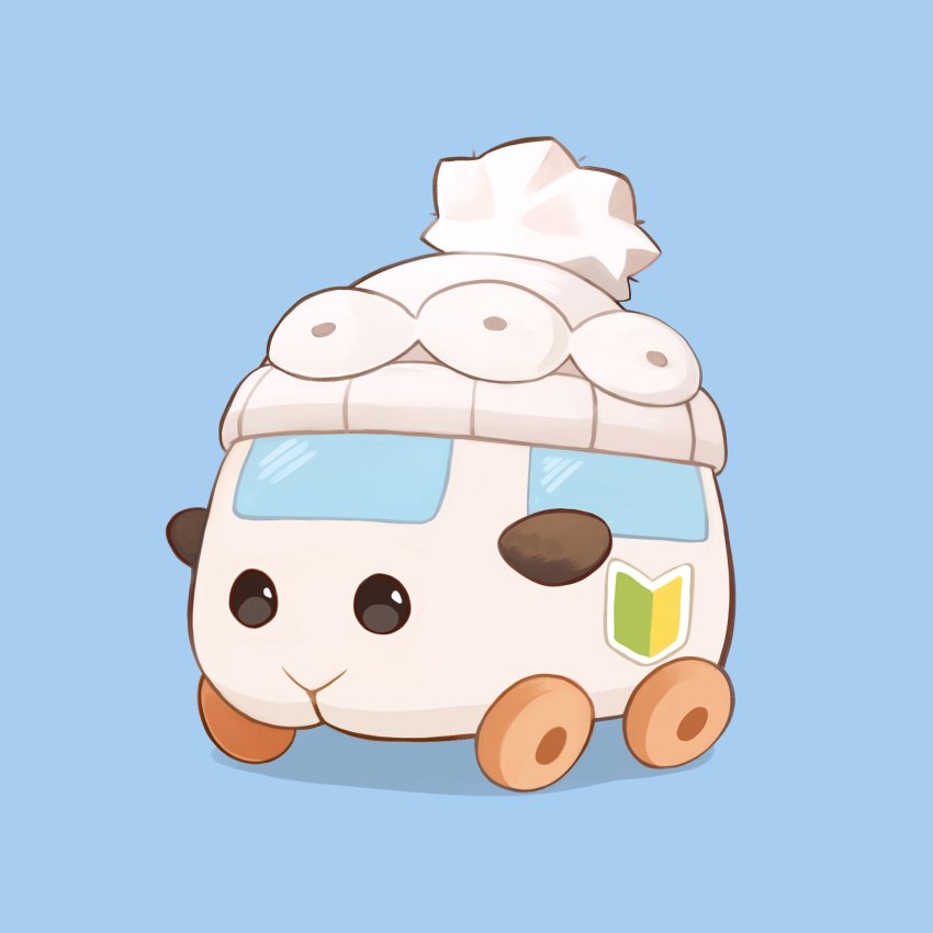abbey_(pui_pui_molcar) bad_id bad_twitter_id beanie black_eyes blue_background commentary ekoru guinea_pig hat highres molcar motor_vehicle no_humans pom_pom_(clothes) pui_pui_molcar shadow shoshinsha_mark simple_background solo wheel white_hat