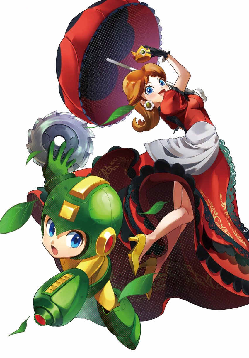 1boy 1girl arm_cannon armor black_gloves blue_eyes brooch brown_hair copy_ability crown dress earrings flipped_hair flower_brooch flower_earrings gloves green_armor green_helmet helmet high_heels highres holding holding_umbrella jewelry leaf long_hair mario_(series) mega_man_(character) mega_man_(series) nintendo open_mouth parasol parted_bangs ponfu_y princess_daisy puffy_short_sleeves puffy_sleeves red_dress saw_blade shoes short_sleeves simple_background smile super_smash_bros. umbrella weapon white_background yellow_shoes