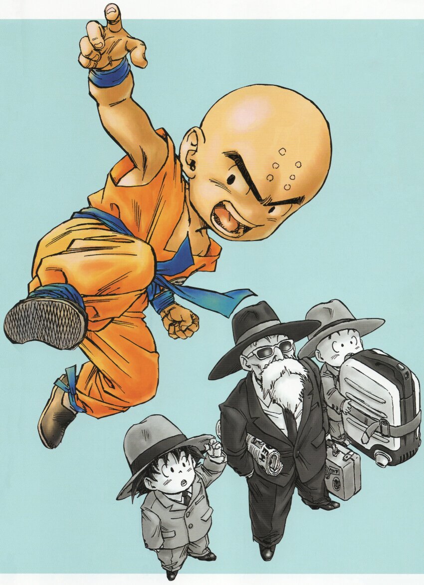 3boys absurdres bald bald_male beard black_eyes black_hair blue_background dragon_ball dragon_ball_(classic) facial_hair fighting_stance formal_clothes hat highres journal kicking kuririn martial_arts master_and_pupil multiple_boys muten_roushi newspaper official_art serious son_goku suitcase sunglasses surprised toriyama_akira