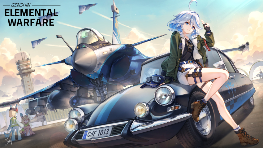 1girl absurdres ahoge air-to-air_missile air_traffic_control aircraft airfield airplane alternate_costume alternate_universe aviator_sunglasses baek_hyang black_shirt blue_car blue_eyes bomber_jacket breasts car citroen citroen_ds cloud commentary contemporary contrail dassault_rafale drone drop_tank english_commentary fighter_jet france french_text furina_(genshin_impact) genshin_impact goggles goggles_on_headwear green_jacket hat heads-up_display high-visibility_clothing high-visibility_vest highres hoyofair jacket leg_up license_plate melusine_(genshin_impact) military_vehicle motor_vehicle no_tables on_car outdoors patch remove_before_flight_tag salute shirt short_hair shorts shoulder_patch small_breasts solo_focus sunglasses tower unworn_eyewear unworn_hat unworn_headwear user_interface white_hair white_shorts