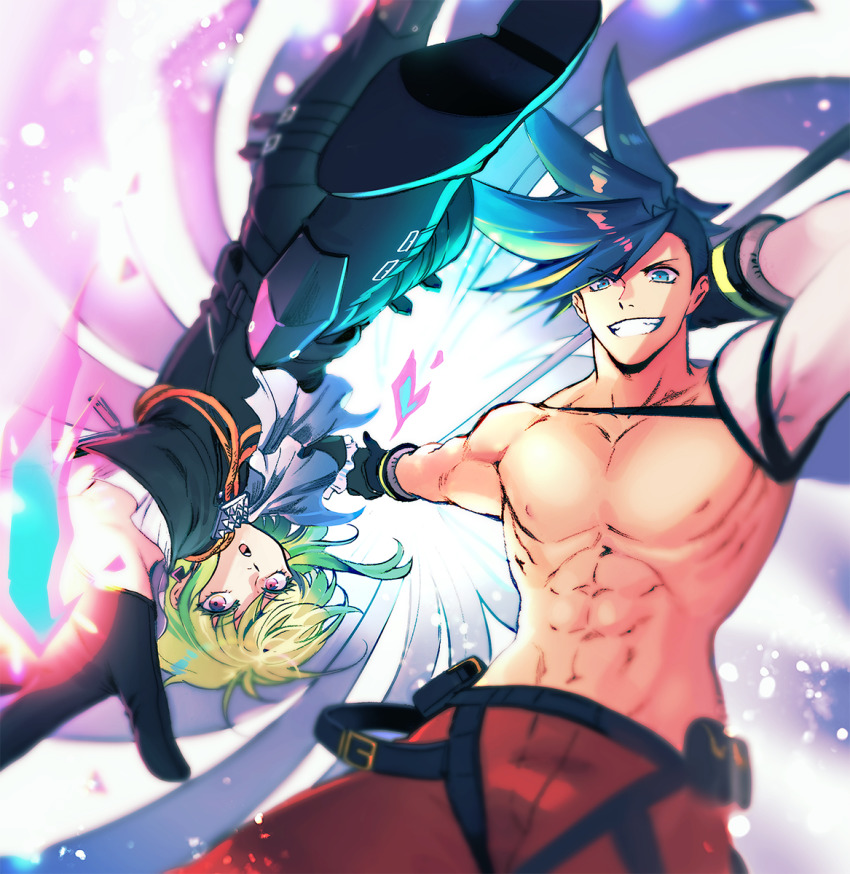 2boys bae_(baebae) black_gloves black_jacket blue_fire blue_hair blurry depth_of_field detached_sleeves earrings fire galo_thymos gloves green_hair grin half_gloves heart highres jacket jewelry lio_fotia male_focus matoi multiple_boys muscular muscular_male nipples promare purple_eyes purple_fire pyrokinesis short_hair single_detached_sleeve smile spiked_hair spiral topless_male