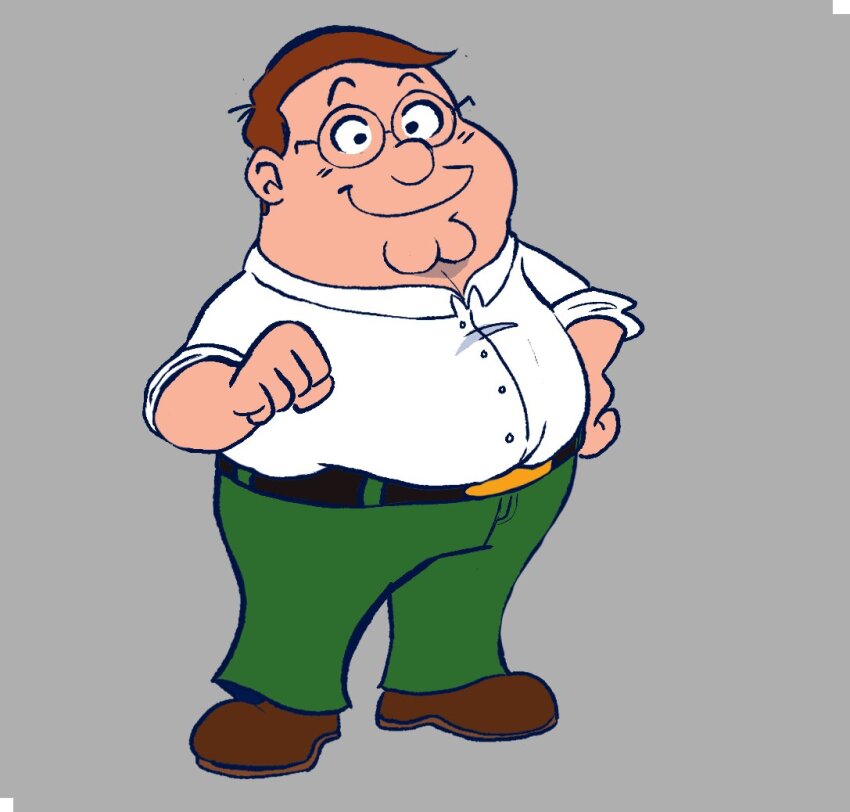 1boy belt black_belt brown_footwear brown_hair cleft_chin family_guy fat fat_man full_body glasses green_pants grey_background male_focus paigeccino pants peter_griffin round_eyewear shirt short_hair simple_background smile solo standing white_shirt