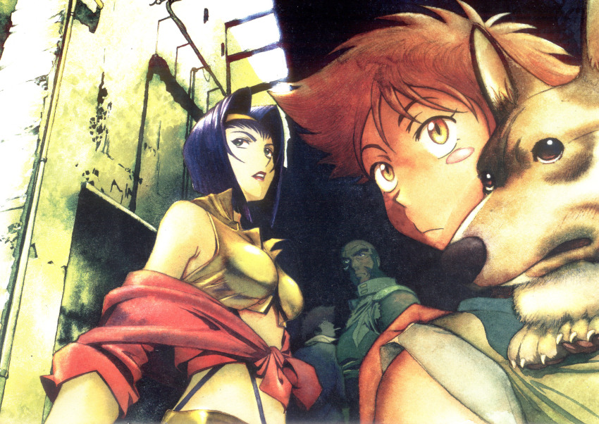 2girls beard blush_stickers breasts child cigarette cowboy_bebop dog edward_wong_hau_pepelu_tivrusky_iv ein_(cowboy_bebop) facial_hair faye_valentine hairband highres jet_black kawamoto_toshihiro multiple_girls official_art orange_hair purple_hair scar scar_across_eye scar_on_face spike_spiegel welsh_corgi yellow_hairband