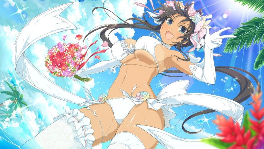 1girl bikini_tan blue_flower blue_rose blue_sky blush bouquet breasts bridal_legwear bridal_lingerie bride brown_hair cleavage cloud coconut coconut_tree day flower gloves green_eyes hair_flower hair_ornament homura_(senran_kagura) in_water jewelry lace lace-trimmed_legwear lace_trim large_breasts leaf linea_alba lingerie long_hair looking_at_viewer multicolored_flower multicolored_rose navel necklace ocean official_alternate_costume official_art outdoors palm_tree panties pearl_necklace pink_flower pink_rose ponytail purple_flower purple_rose red_flower red_rose ribbon rose senran_kagura senran_kagura_new_wave senran_kagura_shoujo-tachi_no_shin&#039;ei sky smile solo tan tanline thighhighs tree tropical underboob underwear v white_gloves white_panties white_ribbon white_thighhighs yaegashi_nan yellow_flower yellow_rose