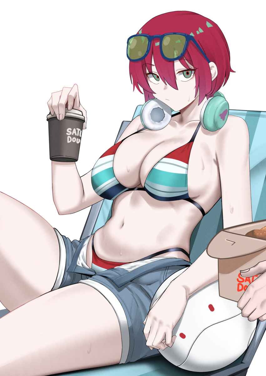 1girl 1other amate_yuzuriha bikini breasts chair cleavage cliov commentary cup disposable_coffee_cup disposable_cup english_commentary eyewear_on_head feet_out_of_frame green-tinted_eyewear green_eyes grey_shorts gundam gundam_gquuuuuux hair_between_eyes haro headphones headphones_around_neck highres holding holding_cup large_breasts lounge_chair mixed-language_commentary navel open_fly red_hair short_hair shorts simple_background solo string_bikini striped_bikini striped_clothes sunglasses swimsuit tinted_eyewear white_background