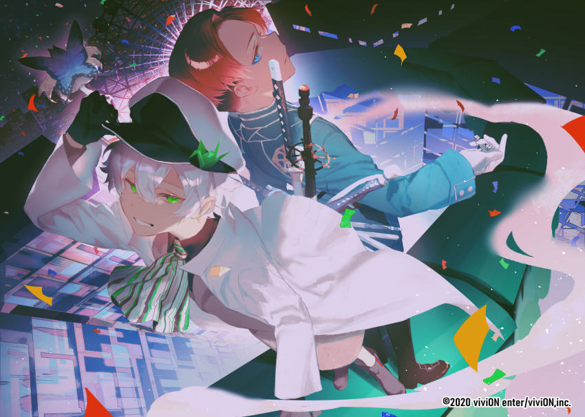 2boys :d ascot back-to-back black_gloves black_pantyhose black_shirt blue_butterfly blue_eyes blue_jacket blue_shorts boots brown_footwear bug building butterfly clock_over_orquesta closed_mouth coat collared_shirt confetti copyright_notice expressionless ferris_wheel flying_train from_above full_body gloves green_eyes grey_coat grey_footwear grin hair_between_eyes hand_on_headwear hand_up harumi_kazuto hat hat_ornament highres insect jacket katana light_particles locomotive long_sleeves looking_at_viewer looking_up male_focus multiple_boys multiple_swords night official_art on_train open_clothes open_coat open_mouth origami pantyhose paper_crane parted_bangs peaked_cap red_hair sakaki_yairo sheath sheathed shirt short_hair shorts sideways_glance sky smile smoke standing star_(sky) starry_sky striped_ascot sword train travel_3san undercut weapon weapon_on_back white_ascot white_coat white_gloves white_hair white_hat