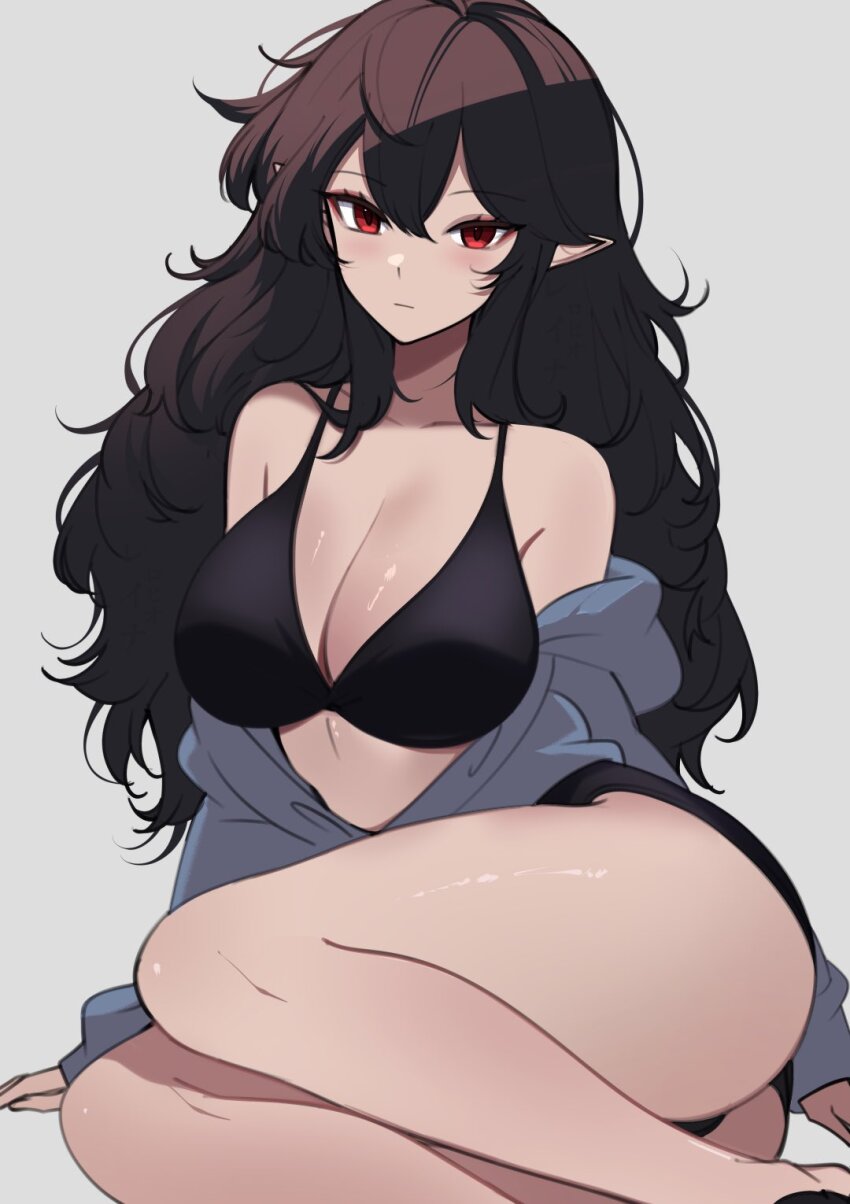 1girl arm_support ass black_bra black_shorts blue_jacket blush bra breasts brown_hair cleavage closed_mouth double-parted_bangs expressionless feet_out_of_frame grey_background hair_between_eyes highres jacket large_breasts legs long_hair long_pointy_ears long_sleeves looking_at_viewer micro_shorts off_shoulder original pointy_ears red_eyes rohioart shade shorts simple_background sitting sleeves_past_wrists solo thighs underwear very_long_hair yokozuwari
