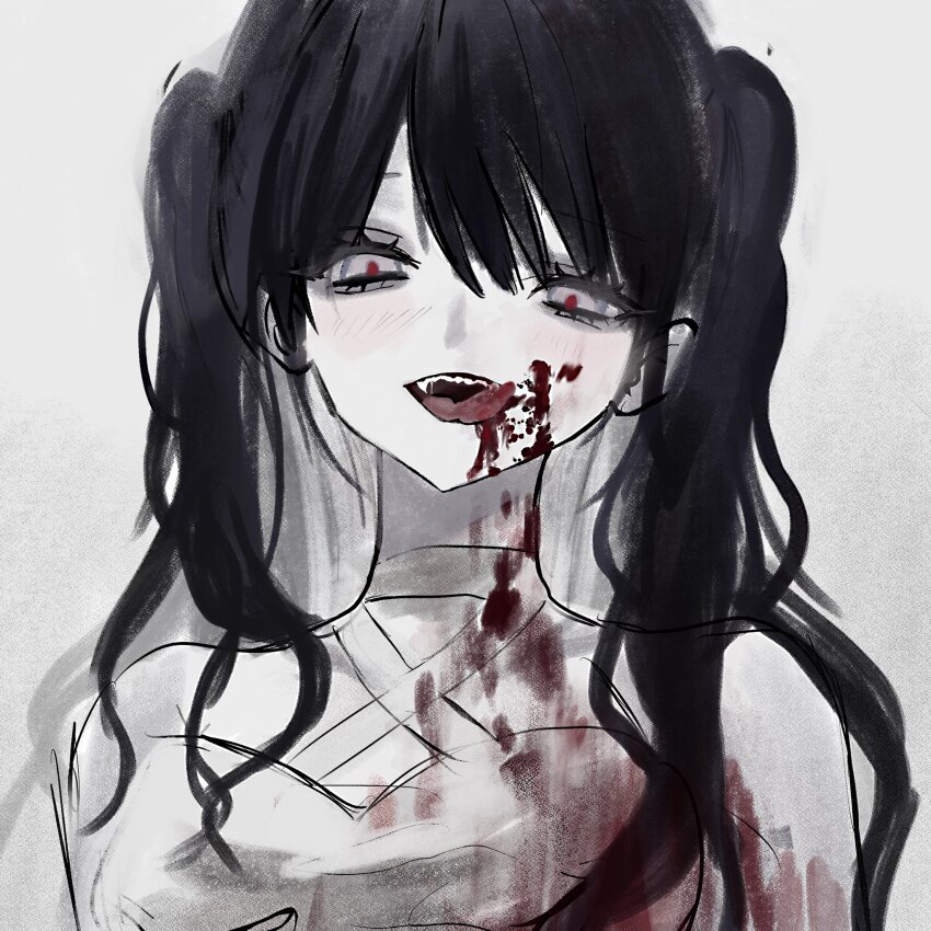 1girl akai_ringo_(eveyuno) black_hair blood blood_on_face crazy_smile highres licking_lips looking_at_viewer original shirt smile tongue tongue_out twintails white_shirt
