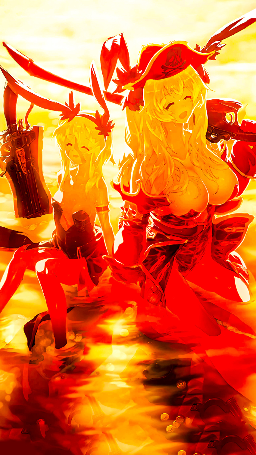 2girls absurdres anne_bonny_(fate) anne_bonny_(fate/grand_order) anne_bonny_(swimsuit_archer)_(fate) anne_bonny_(swimsuit_archer)_(first_ascension)_(fate) bikini black_bikini blonde_hair breasts collar cutlass fate/grand_order fate_(series) gun hat highres holding holding_gun holding_weapon i-iv_(longman) large_breasts mary_read_(fate) mary_read_(swimsuit_archer)_(fate) mary_read_(swimsuit_archer)_(third_ascension)_(fate) metal_collar multiple_girls non-web_source ocean official_art pirate pirate_hat scar scar_on_face skull_and_crossbones skull_collar smile sunset swimsuit weapon