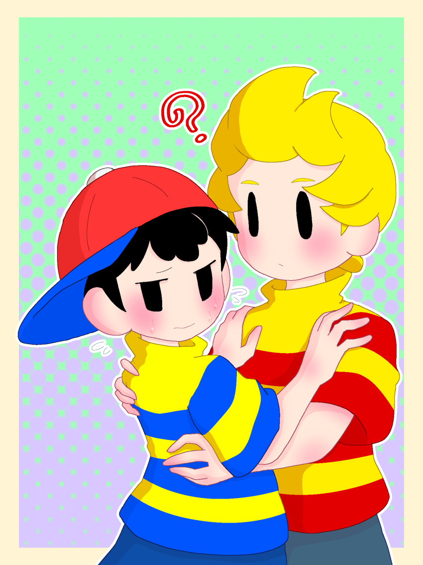 2boys black_hair blonde_hair blush child elementary_schoolboy embarrassed hug lucas_(mother_3) mother_(series) mother_2 mother_3 mrsksigure multiple_boys ness_(mother_2) nintendo shota super_smash_bros. sweat sweatdrop yaoi