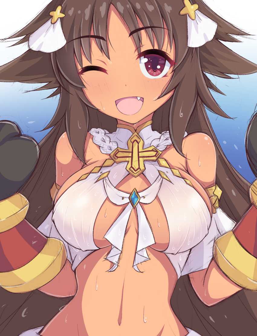 1girl absurdres artist_request breasts brown_hair cosplay dark_skin fang hair_flaps highres kaori_(princess_connect!) large_breasts long_hair navel one_eye_closed princess_connect! red_eyes smile solo tan very_long_hair yui_(ceremonial)_(princess_connect!) yui_(princess_connect!) yui_(princess_connect!)_(cosplay)
