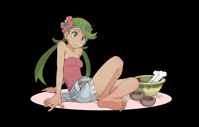 1girl absurdres bare_shoulders barefoot black_background blush bone bowl breasts cleavage closed_mouth commentary_request dark-skinned_female dark_skin eyelashes fingernails flower full_body green_eyes green_hair green_headband grey_shorts hair_flower hair_ornament hands_on_ground headband helmet highres long_hair mallow_(pokemon) nintendo nordendorf pink_flower pink_shirt pokemon pokemon_sm rocky_helmet_(pokemon) shirt shorts simple_background sitting smile soles solo twintails unworn_headwear unworn_helmet yellow_helmet