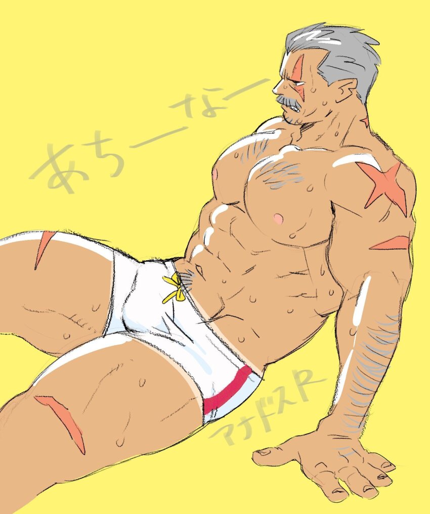 1boy another_eidos-r bara dickfish_(fishismdick) facial_hair from_side frown harold_(another_eidos) highres large_pectorals male_focus male_swimwear mature_male multiple_scars muscular muscular_male mustache nipples pectorals profile scar scar_on_neck short_hair sitting solo sparse_chest_hair stubble swim_briefs topless_male translation_request wet white_male_swimwear