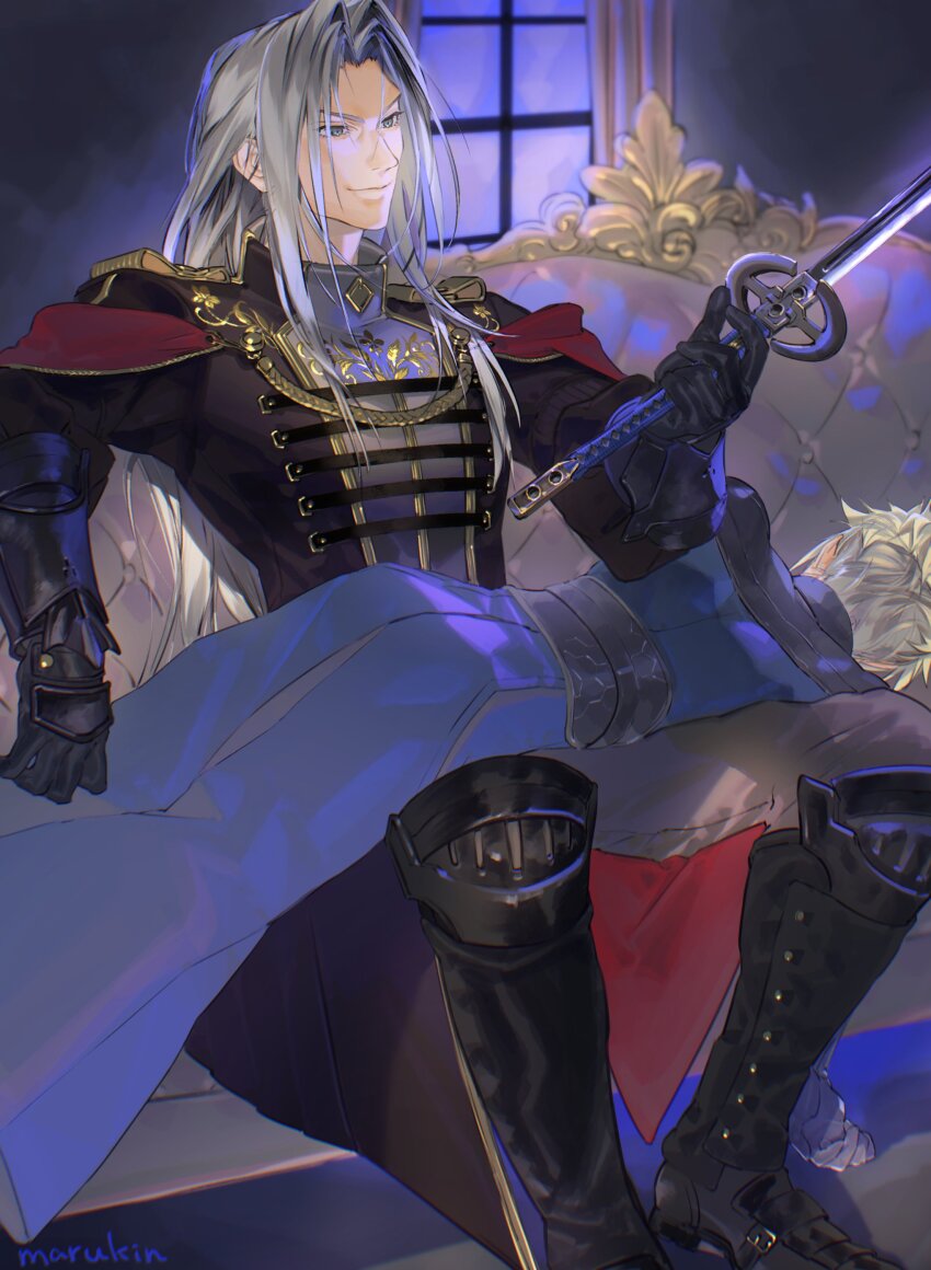 2boys absurdres arm_armor armor belt black_belt black_gloves black_jacket blonde_hair blue_hakama blue_shirt boots cloud_strife cloud_strife_(murasame) coat couch elbow_rest epaulettes facing_away final_fantasy final_fantasy_vii final_fantasy_vii_ever_crisis gloves green_eyes grey_hair grey_pants hakama hand_up highres holding holding_sword holding_weapon implied_yaoi indoors jacket japanese_clothes katana knee_boots long_bangs long_hair lying lying_on_lap lying_on_person male_focus military_jacket military_uniform multiple_boys night nikuram_f official_alternate_costume on_couch on_lap on_stomach pants parted_bangs poleyn sephiroth sephiroth_(shinra_formal_uniform) shirt short_hair shoulder_armor signature sitting smile spiked_hair sword two-sided_coat two-sided_fabric weapon yaoi