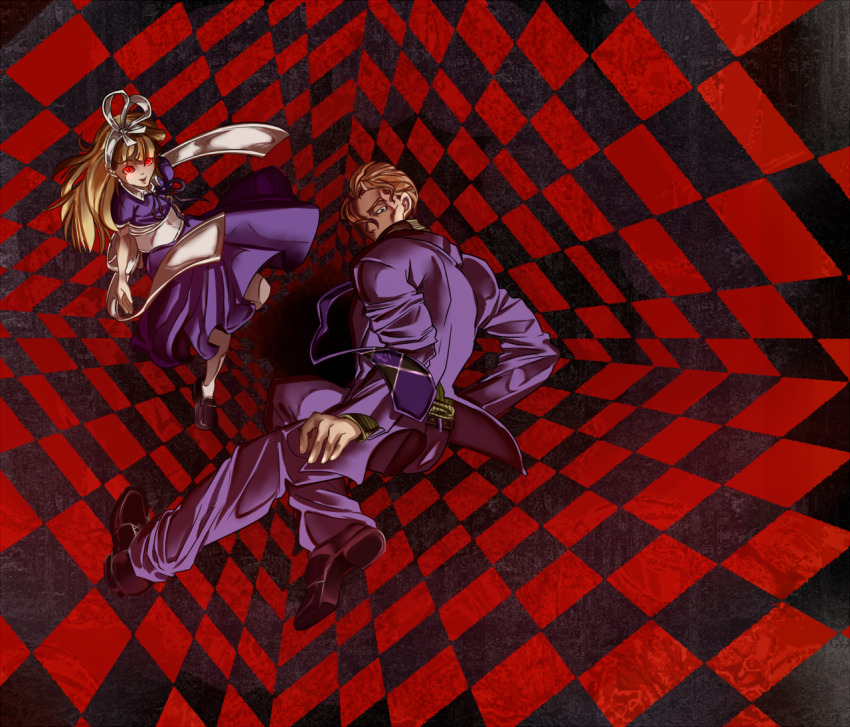 1boy 1girl alice_(megami_tensei) bananachips blonde_hair blue_dress bow checkered_background crossover demon_(megami_tensei) diamond_wa_kudakenai dress formal_clothes glowing glowing_eyes hair_ribbon hairband jojo_no_kimyou_na_bouken kira_yoshikage long_hair looking_at_viewer looking_back m.u.g.e.n midair necktie purple_suit red_eyes ribbon shin_megami_tensei short_hair suit trait_connection