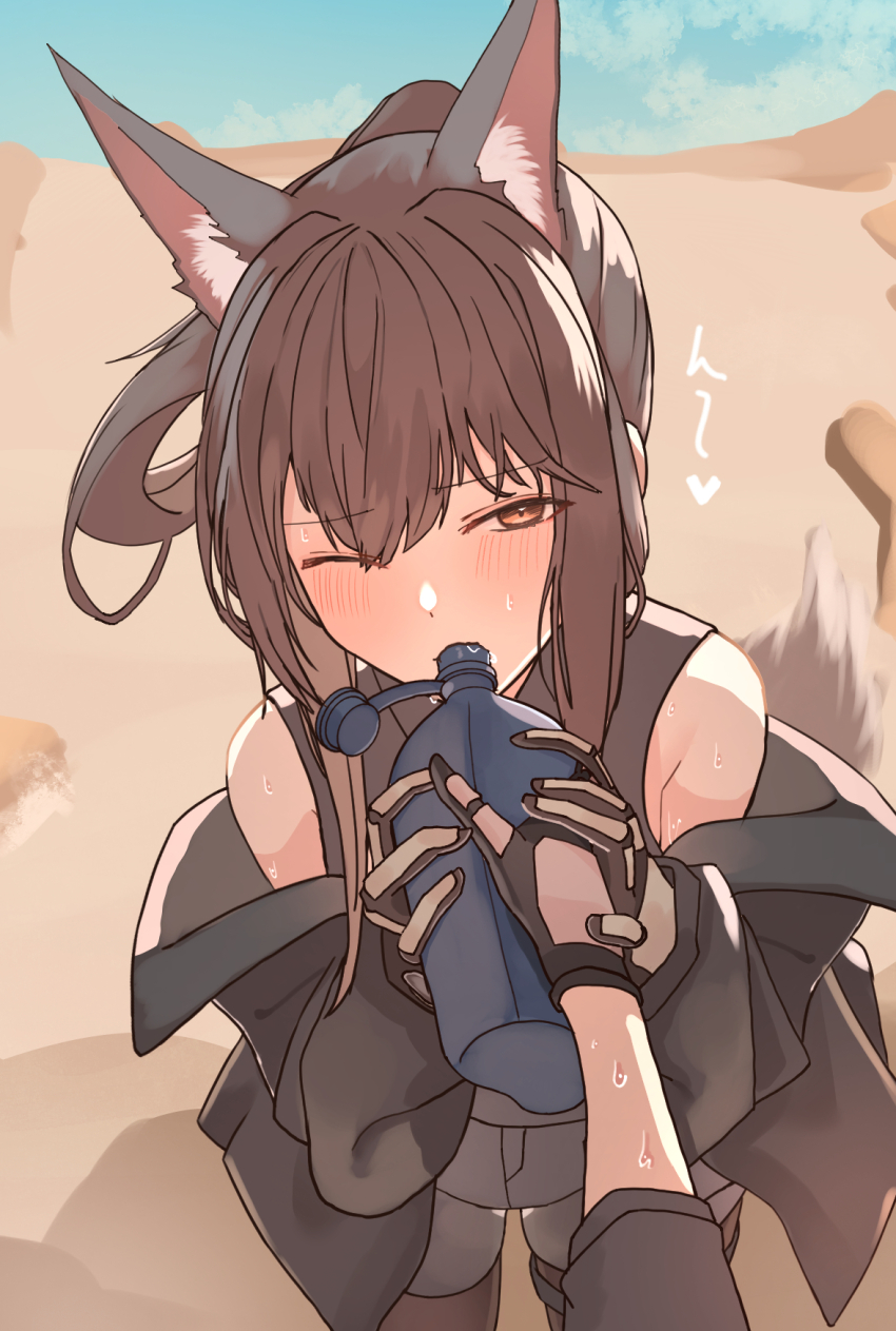 1girl animal_ears arknights black_jacket black_shirt blush brown_eyes brown_gloves brown_hair canteen commentary_request day drink drinking fox_ears fox_girl franka_(arknights) gloves half-closed_eye heart highres holding holding_canteen holding_drink hot jacket long_hair long_sleeves looking_at_viewer off_shoulder one_eye_closed out_of_frame outdoors shirt sketch_background sleeveless sleeveless_shirt standing sunlight suzubotan sweat