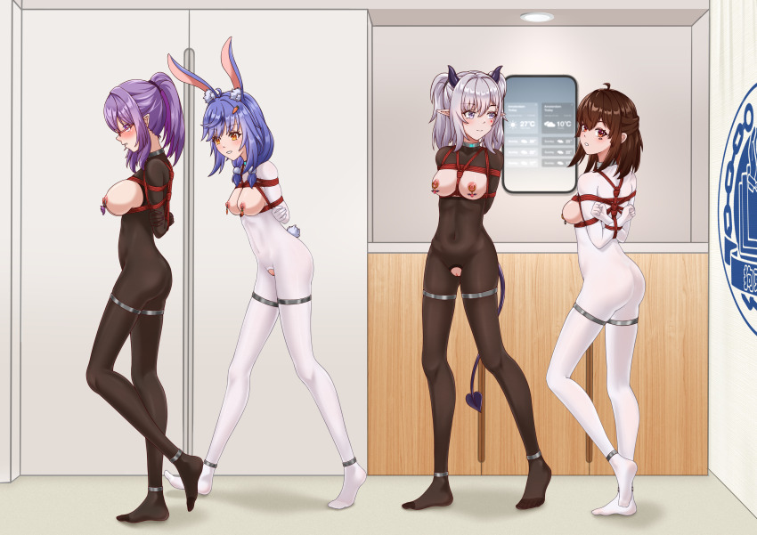 4girls absurdres ahoge animal_ears ankle_strap arms_behind_back bdsm blue_hair bodystocking bondage bound breasts brown_eyes brown_hair clothing_cutout collar covered_navel crotch_cutout demon_horns demon_tail from_side grey_hair highres horns long_hair medium_breasts multiple_girls nipple_jewelry nipple_piercing original piercing pink_eyes pointy_ears ponytail purple_hair rabbit_ears restrained shibari shibari_over_clothes sidelocks silverink skindentation slave small_breasts standing tail thigh_strap walking yellow_eyes