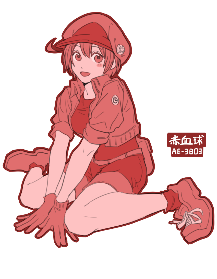 1girl absurdres ae-3803 ahoge belt breasts collared_jacket commentary_request cropped_jacket hair_between_eyes hat hataraku_saibou highres jacket large_breasts long_sleeves looking_at_viewer medium_hair monochrome open_mouth red_blood_cell_(hataraku_saibou) red_hair red_hat rougui_(he_fengyu) shirt shoes shorts simple_background sitting sleeves_rolled_up smile socks solo u-1146 white_background white_blood_cell_(hataraku_saibou)
