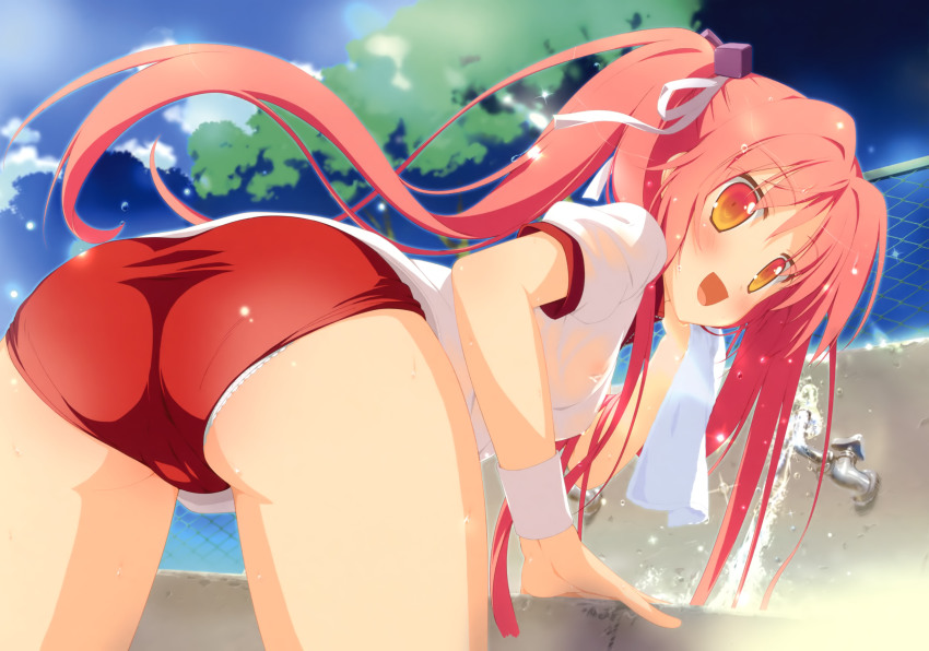 1girl :d absurdres ass astralair_no_shiroki_towa bent_over blush breasts buruma cameltoe cube_hair_ornament female_focus gym_uniform hair_ornament hair_ribbon highres long_hair open_mouth panties panties_under_buruma red_eyes red_hair ribbon see-through_clothes shida_kazuhiro shirt small_breasts smile solo splashing sportswear sweat towel twintails underwear washbowl water wet white_panties white_shirt yuunagi_ichika