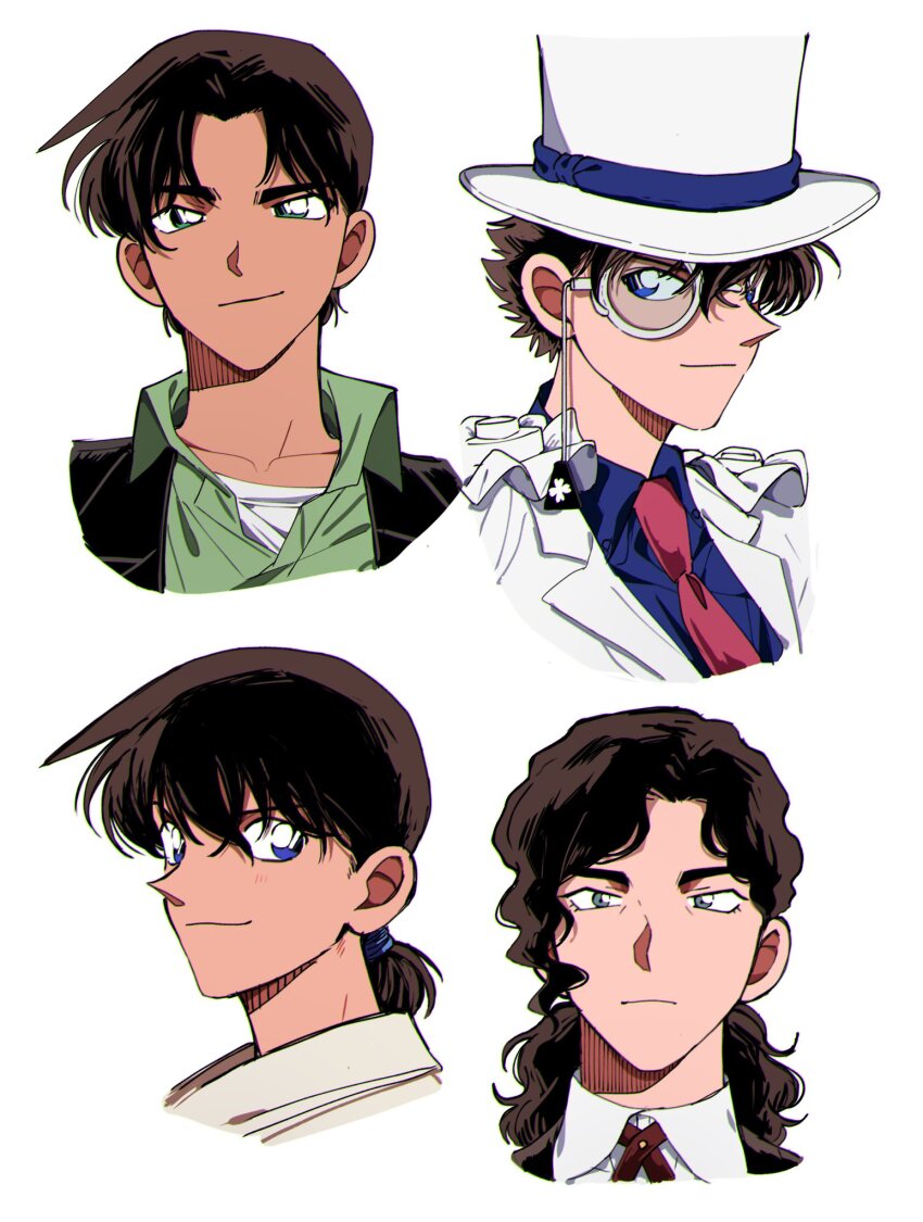4boys black_hair blue_eyes blue_shirt closed_mouth collared_shirt commentary_request cropped_shoulders curly_hair green_shirt hair_between_eyes hat hattori_heiji highres iori_muga kaitou_kid long_hair looking_at_viewer male_focus meitantei_conan monocle multiple_boys necktie okita_soushi_(meitantei_conan) parted_bangs red_necktie s_ss_x3 shirt short_hair smile top_hat undershirt v-shaped_eyebrows white_hat