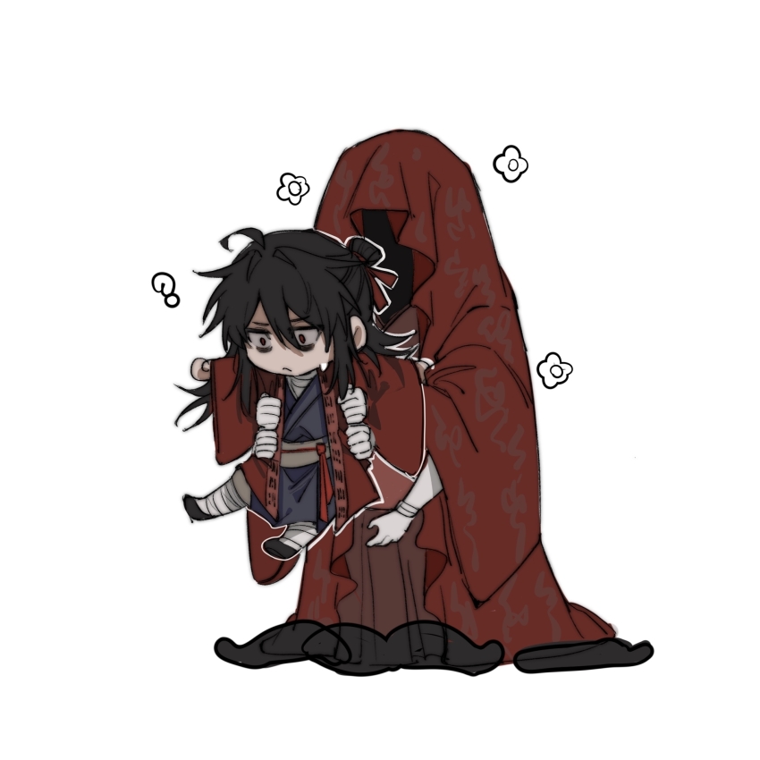 1boy 1other ? ahoge bags_under_eyes bandaged_arm bandaged_leg bandaged_neck bandages black_hair black_hanfu black_shoes carrying chibi chibi_only chinese_clothes chinese_commentary cloak closed_mouth coat dao_gui_yi_xian extra_arms faceless frown full_body hair_between_eyes hair_bun hair_ribbon half_updo hanfu highres hood hood_up hooded_cloak li_huowang lifting_person long_hair long_sleeves looking_at_another looking_down male_focus monster open_clothes open_coat outstretched_arms red_cloak red_coat red_eyes red_ribbon ribbon robe sash shenqidebanxian shoes sidelocks simple_background single_hair_bun standing tentacles white_background wide_sleeves xuan_pin
