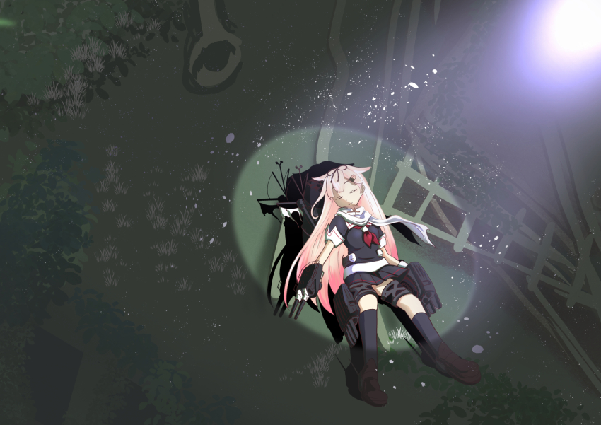 1girl adapted_turret black_ribbon black_serafuku black_socks blonde_hair breasts closed_eyes gradient_hair hair_flaps hair_ornament hair_ribbon hairclip highres kantai_collection long_hair lying medium_breasts multicolored_hair neckerchief on_back pink_hair red_neckerchief ribbon rigging scarf school_uniform serafuku short_sleeves socks solo tsun&#039;ichi_(tsun1) underwater very_long_hair white_scarf yuudachi_(kancolle) yuudachi_kai_ni_(kancolle)