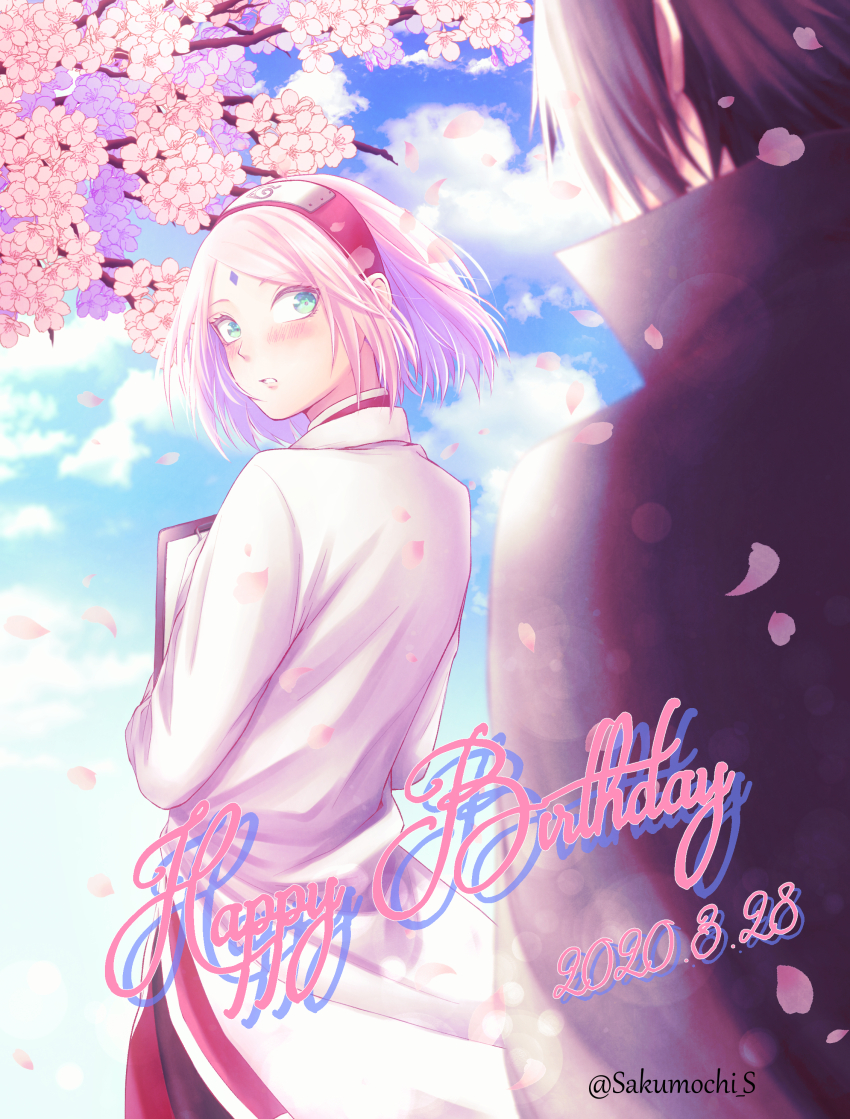 1boy 1girl absurdres black_cape black_hair blush boruto:_naruto_next_generations cape cherry_blossoms clipboard cloud cloudy_sky coat dated day green_eyes happy_birthday haruno_sakura highres holding holding_clipboard konohagakure_symbol long_sleeves looking_at_another mochiii-s naruto_(series) petals pink_hair short_hair sky twitter_username uchiha_sasuke white_coat