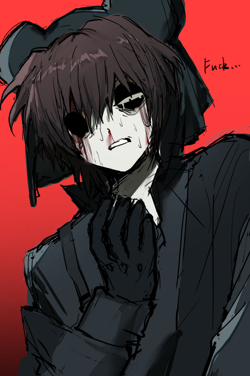 1boy absurdres animal_hat black_eyes black_gloves black_jacket bleeding blood blood_from_forehead brown_hair buzhidaoshenmexiangchangmao english_text gloves gradient_background hand_up hat highres injury jacket looking_at_viewer male_focus mouse_hat nosebleed present_day_problem_takeuchi_robert randal&#039;s_friends red_background short_hair simple_background solo sweat upper_body