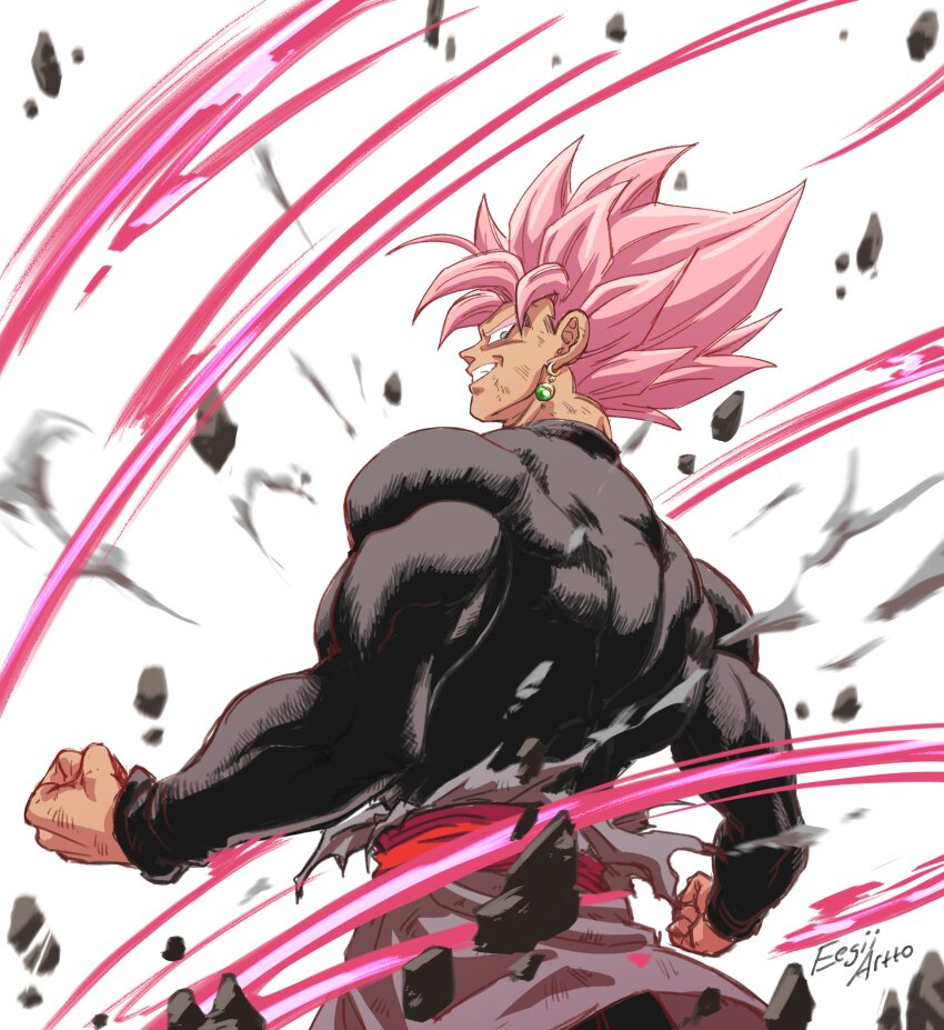 1boy absurdres clenched_hands commentary dragon_ball dragon_ball_super earrings eegiiartto english_commentary evil_grin evil_smile from_side goku_black grey_eyes grin highres jewelry looking_at_viewer male_focus muscular muscular_male pink_hair rock shirt signature single_earring smile solo super_saiyan super_saiyan_rose teeth tight_clothes tight_shirt torn_clothes