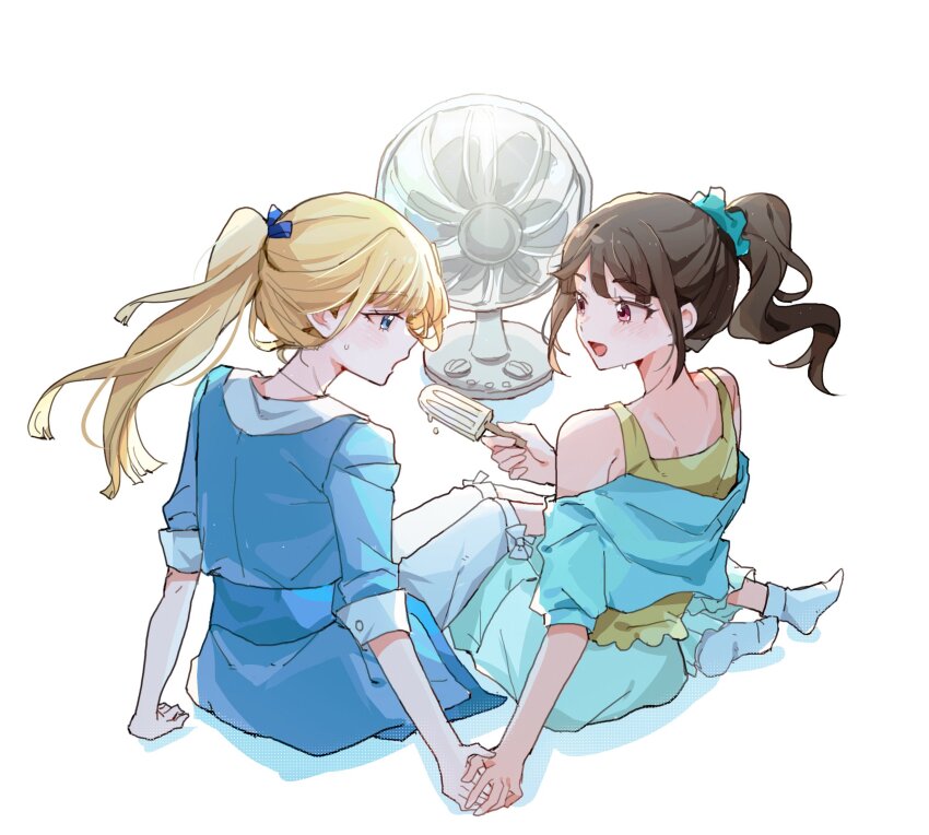 2girls blonde_hair blue_eyes blush brown_hair electric_fan food highres holding holding_food holding_hands holding_popsicle long_hair looking_at_another multiple_girls nekoyashiki_mayu nekoyashiki_yuki no_shoes on_ground open_mouth pink_eyes ponytail popsicle precure scrunchie simple_background sitting socks summer sweat white_background wonderful_precure! xiongbingbisata yuri