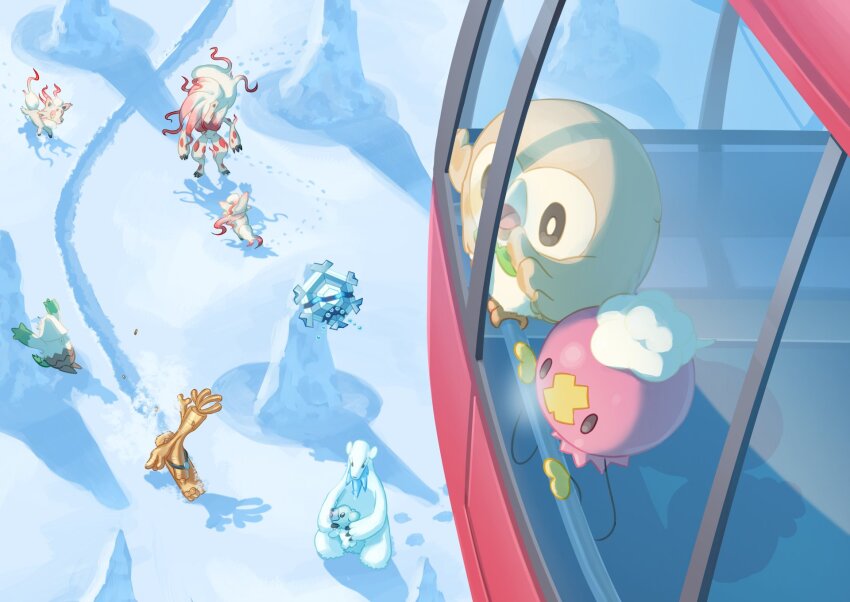 beartic bright_pupils brown_eyes commentary_request condensation cryogonal cubchoo day drifloon footprints game_freak gen_4_pokemon gen_5_pokemon gen_7_pokemon gholdengo highres hisuian_zoroark hisuian_zorua mokukitusui nintendo no_humans open_mouth outdoors pokemon pokemon_(creature) rowlet snover snow white_pupils window_fog