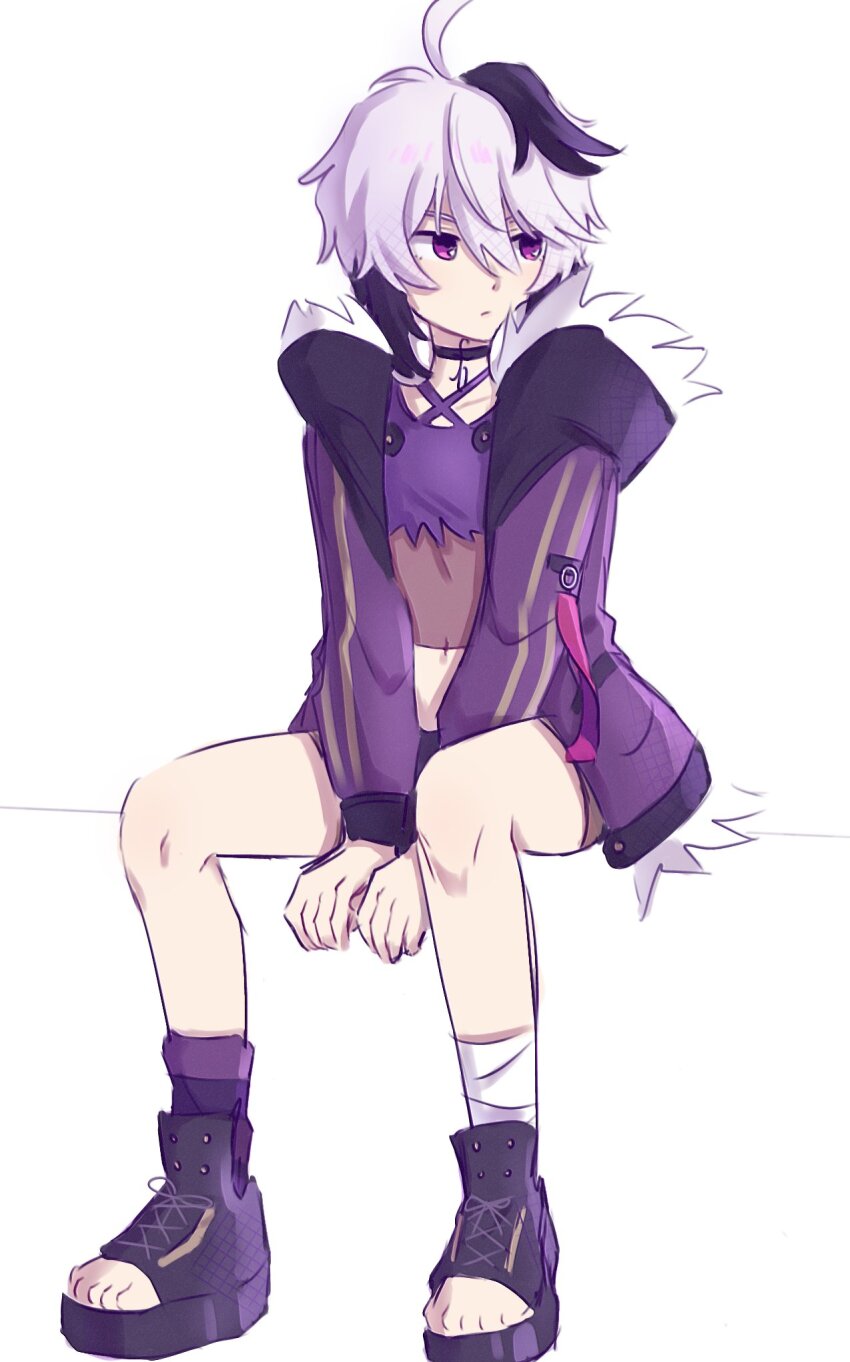 1girl ahoge androgynous bandaged_leg bandages black_hair choker crop_top flat_chest flower_(gynoid_talk) flower_(vocaloid) fur_trim gynoid_talk highres jacket leg_warmers multicolored_hair open_clothes open_jacket platform_footwear purple_eyes short_hair_with_long_locks shorts simple_background sitting toeless_footwear tomboy two-tone_hair vflovver vocaloid white_background white_hair