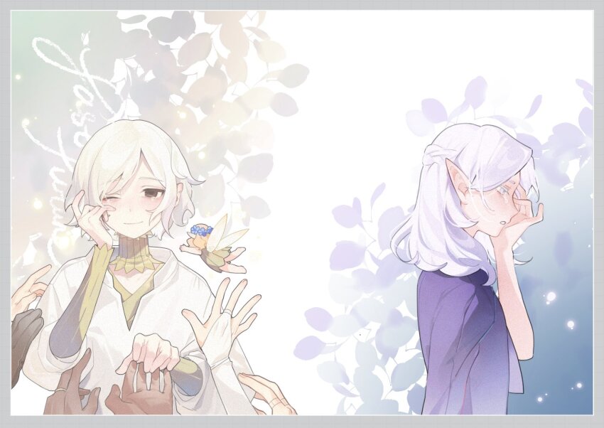 3boys 4girls age_comparison bags_under_eyes black_eyes cithis crying dual_persona dungeon_meshi elf fairy_(dungeon_meshi) fleki gorget green_shirt grey_eyes grey_hair happy_tears holding_hands kabru lazy_eye long_sleeves lycion male_focus maymeriko mithrun multiple_boys multiple_girls notched_ear one_eye_closed otta_(dungeon_meshi) outstretched_hand pattadol pointy_ears purple_shirt shirt short_hair smile tears tunic uneven_eyes wavy_hair wiping_tears