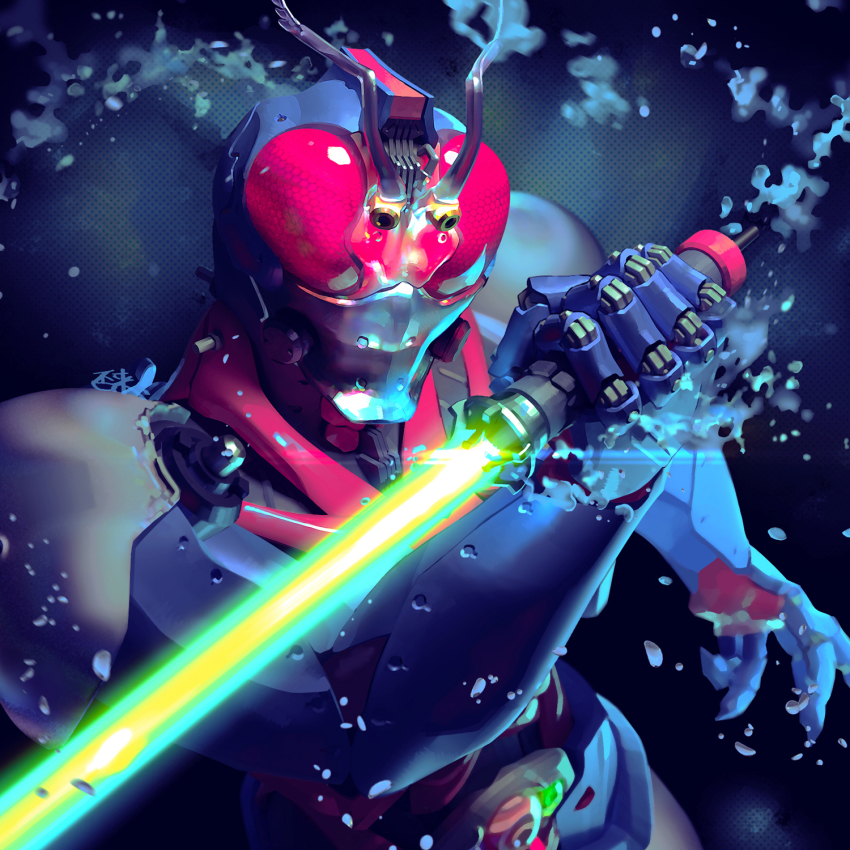 1boy antennae armor belt biorider commentary compound_eyes cropped_legs energy_sword energy_weapon highres holding holding_sword holding_weapon inaki_shinrou kamen_rider kamen_rider_black_rx_(series) male_focus red_eyes rider_belt science_fiction solo sword upper_body water weapon