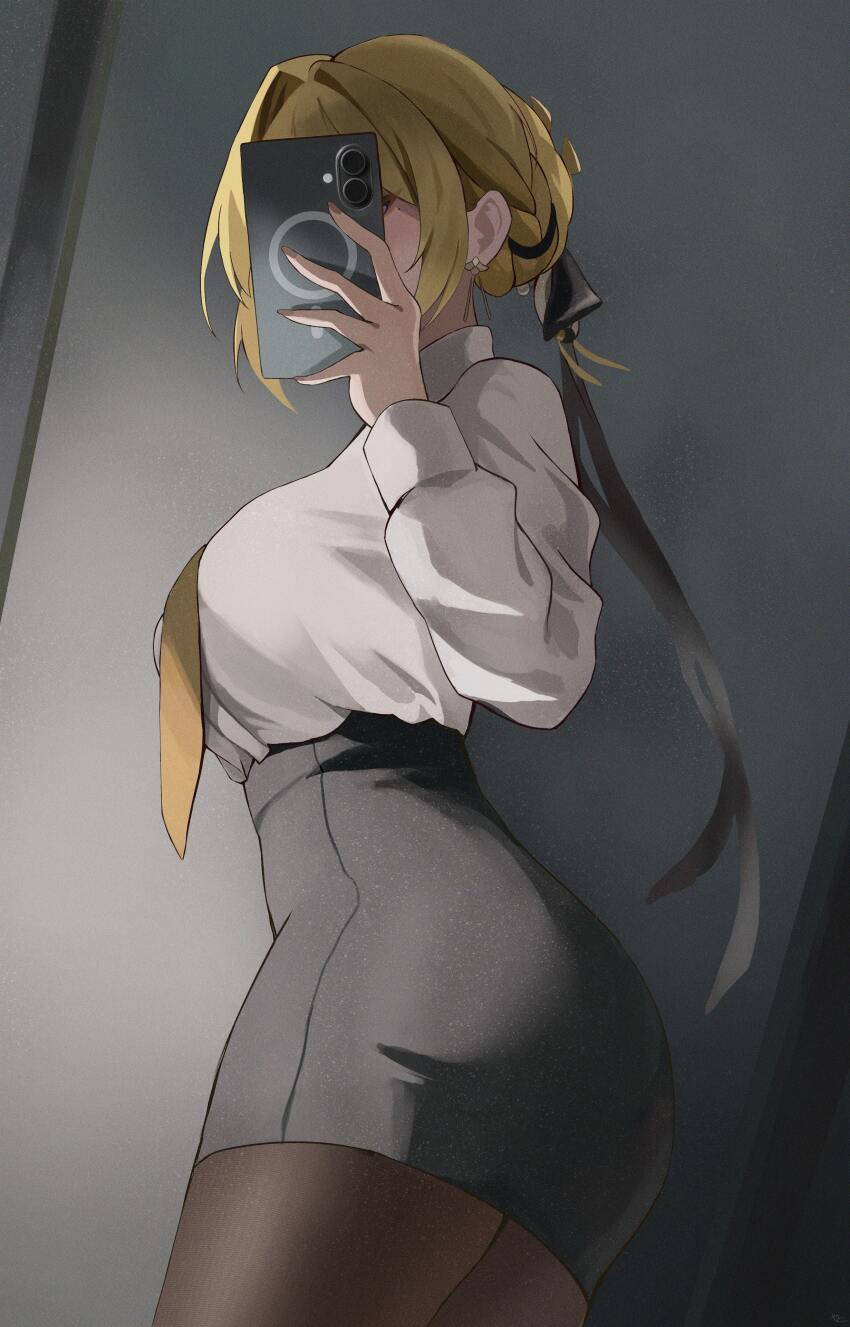 1girl absurdres alternate_costume ass black_pantyhose blonde_hair breasts cellphone commentary_request evelyn_chevalier from_side hair_up highres holding holding_phone large_breasts mirror_selfie necktie office_lady pantyhose pencil_skirt phone ring_hair_ornament selfie shirt shirt_tucked_in skirt smartphone solo white_shirt yato_(yama0x1) yellow_necktie zenless_zone_zero