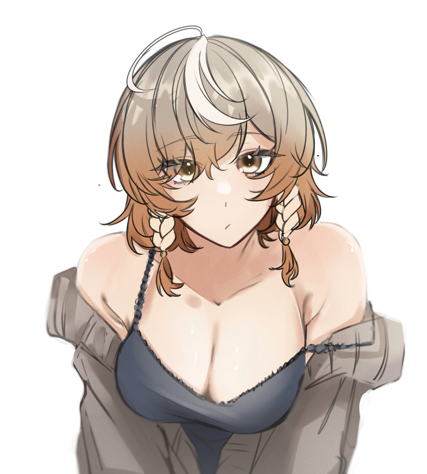 1girl :/ absurdres armpit_crease bare_shoulders braid breasts brown_eyes brown_hair cleavage commentary dot_nose english_commentary highres ive_(iveith) klara_charmwood large_breasts looking_at_viewer medium_hair nijisanji nijisanji_en off_shoulder simple_background solo spaghetti_strap strap_slip triple_ahoge twin_braids virtual_youtuber white_background