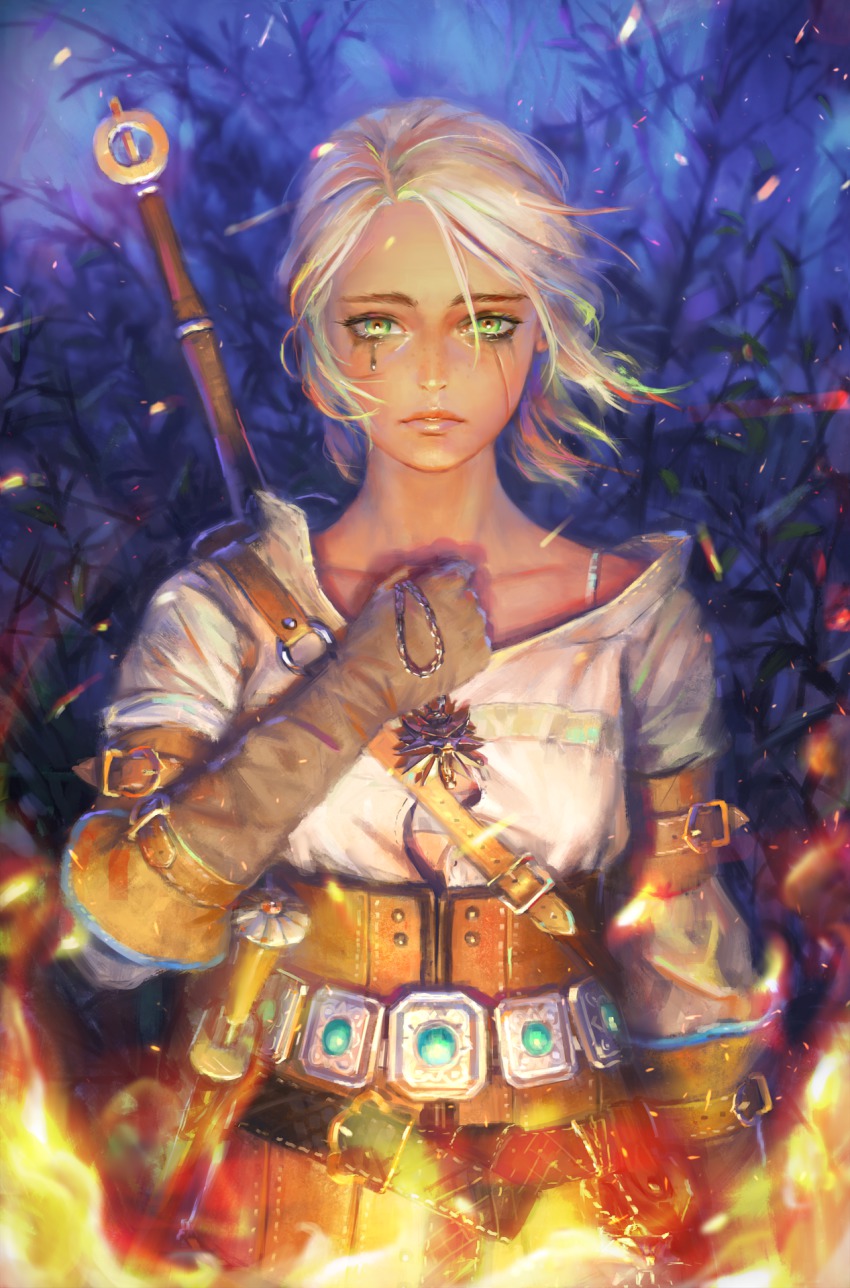 1girl ciri dagger female_focus freckles gloves gradient_background green_eyes half_updo highres knife lips long_hair looking_at_viewer nababa nature outdoors parted_lips plant realistic scar silver_hair solo sword tears the_witcher_(series) the_witcher_3 upper_body weapon