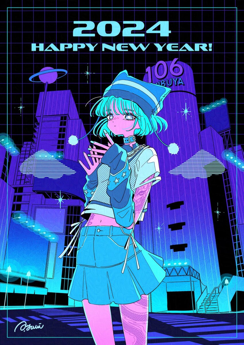 1girl 2024 angel_wings arm_tattoo arm_warmers arms_up belt_collar blue_eyes blue_hair blue_hat blue_skirt chain chain_necklace collar colored_skin crosswalk fishnet_top fishnets happy_new_year hat highres jewelry leg_tattoo light_smile looking_at_viewer nakazawa_ayami necklace neon_lights neon_palette new_year night night_sky original pink_skin ribbon saturn_(planet) shibuya_(tokyo) shirt short_hair skirt sky stairs star_(symbol) stomach_tattoo tattoo tokyo_(city) white_ribbon white_shirt wings
