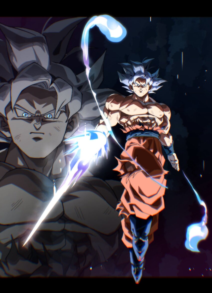 1boy aura blue_sash commentary dougi dragon_ball dragon_ball_super dragon_ball_z_dokkan_battle energy_sword full_body glowing glowing_eyes grey_eyes highres male_focus medium_hair muscular muscular_male orange_pants pants sash shirt solo son_goku spiked_hair sword tkht_9315 topless_male torn_clothes torn_pants torn_shirt ultra_instinct vest weapon zoom_layer