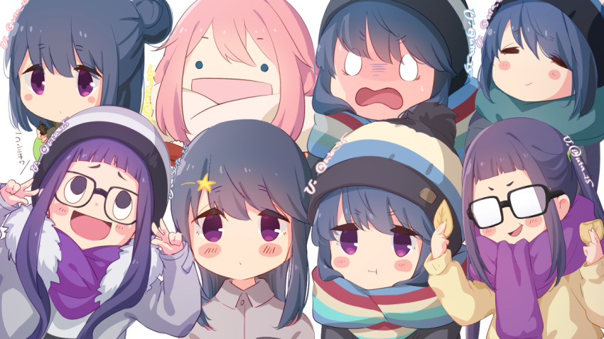 ._. 0_0 3girls :d =_= beanie black-framed_eyewear blue_hair blue_scarf blunt_bangs brown_cardigan cardigan closed_eyes closed_mouth collared_shirt deformed double_w food fur-trimmed_jacket fur_trim glasses green_shirt grey_jacket grey_shirt hair_bun hat holding holding_food jacket kagamihara_nadeshiko long_hair long_sleeves looking_up multiple_girls multiple_views oogaki_chiaki opaque_glasses open_mouth pink_hair pout purple_eyes purple_hair purple_scarf scarf shima_rin shirt simple_background single_hair_bun smile star_(symbol) striped_clothes striped_scarf sweatdrop twintails twitter_username upper_body uta_25 v-shaped_eyebrows w white_background white_scarf yurucamp